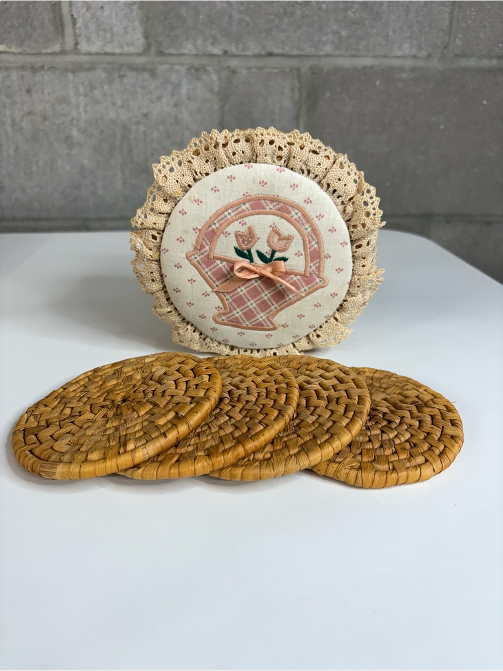 Wicker Coasters with Cute Stitched Wicker Case Pink Flowers Cottagecore Country